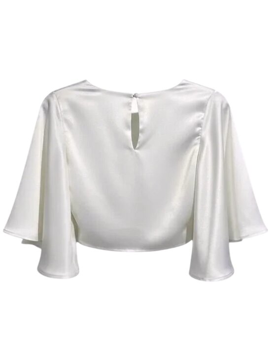Showpo White Satin Blouse XS Crop Long Sleeve Twist Front Top - Picture 3 of 6
